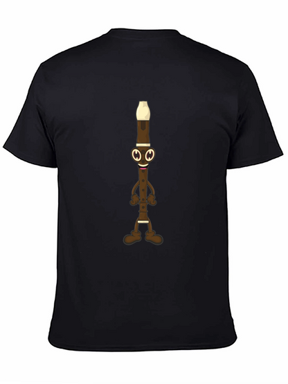 Funny Flute Cartoon Graphic Tee - Black Cotton