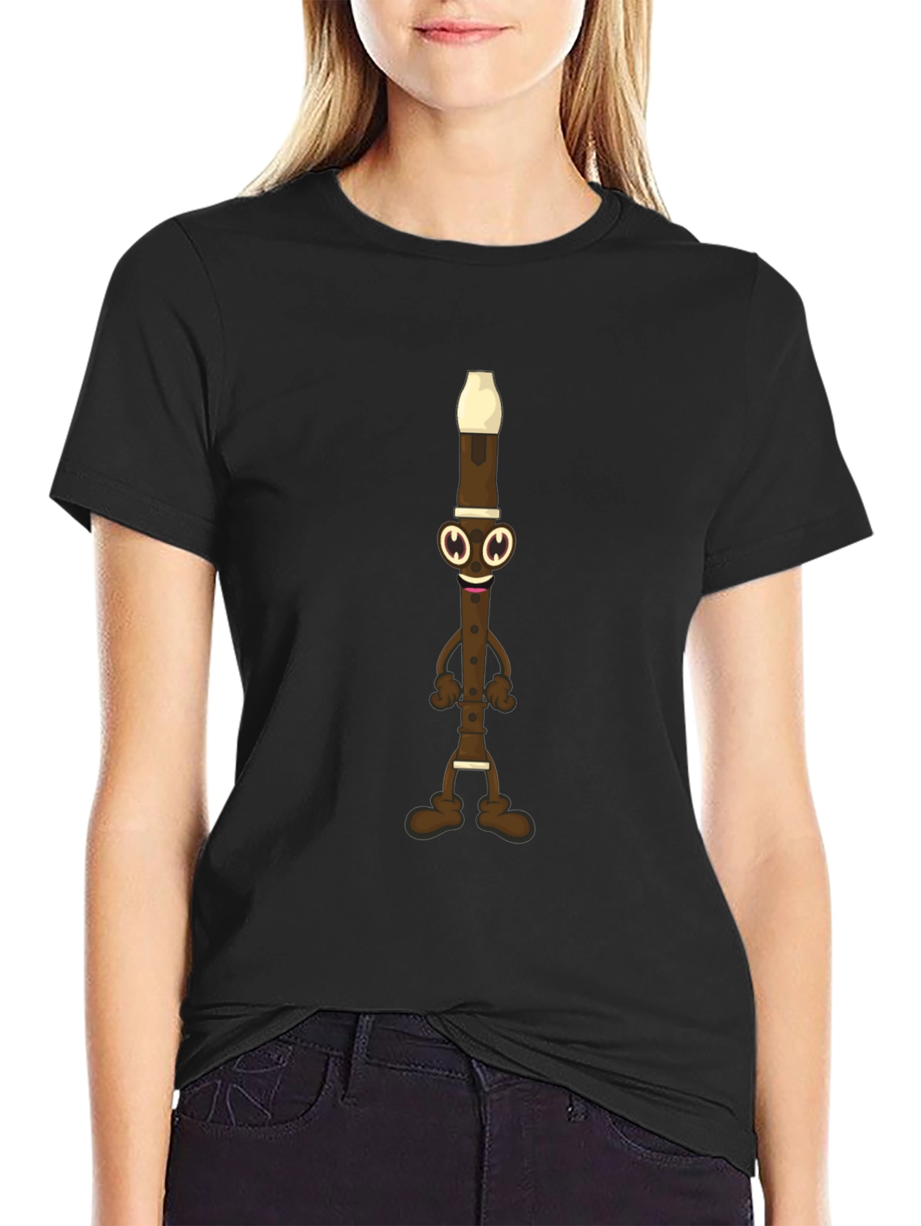 Funny Flute Cartoon Graphic Tee - Black Cotton