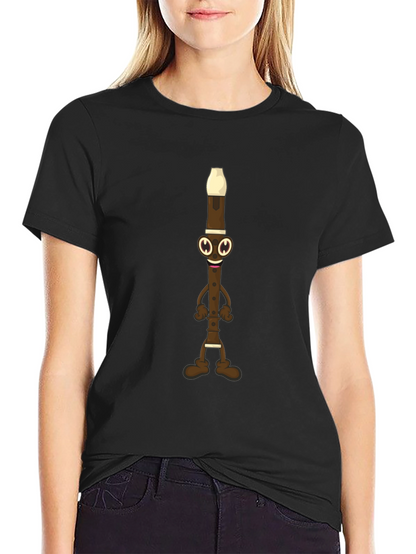 Funny Flute Cartoon Graphic Tee - Black Cotton