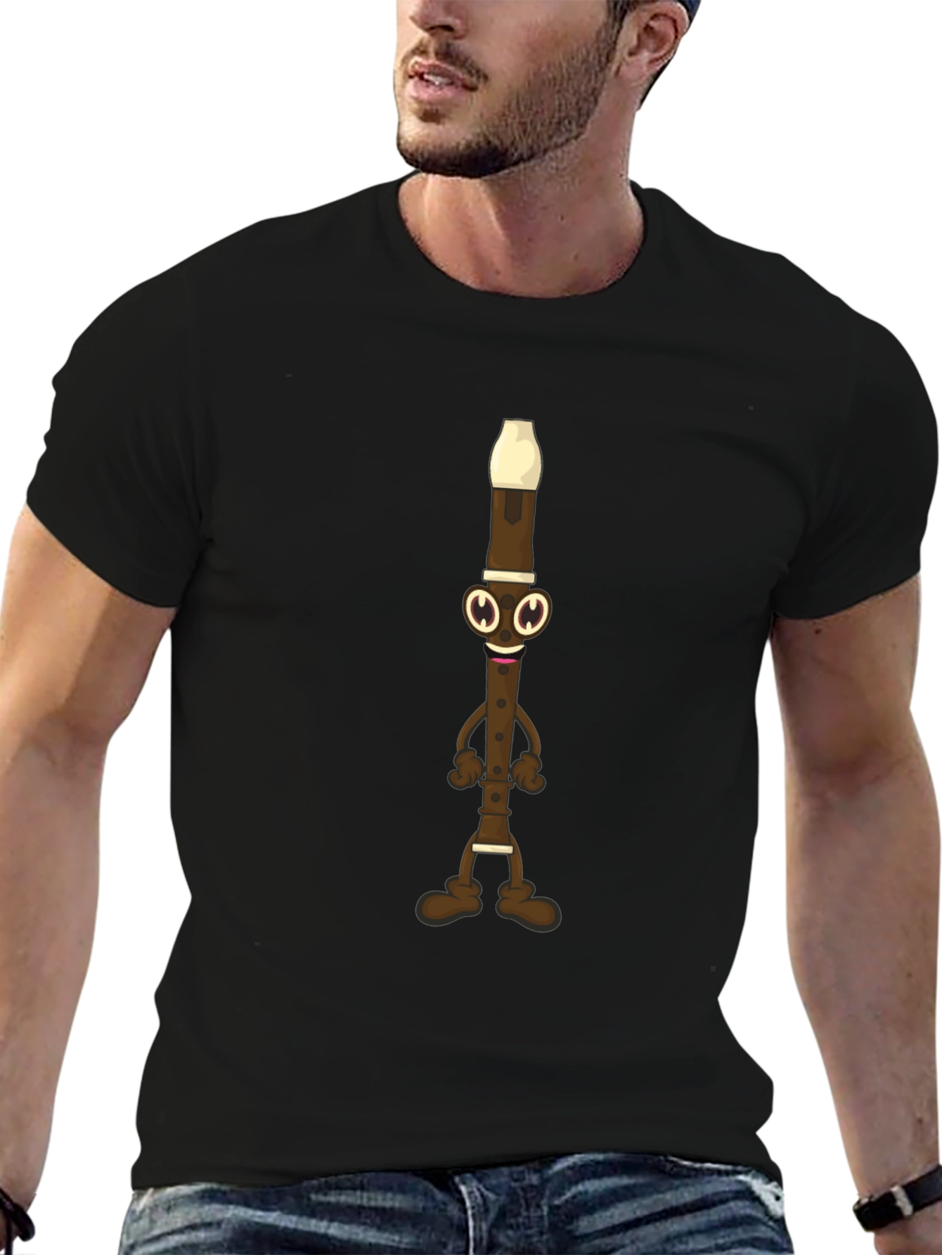Funny Flute Cartoon Graphic Tee - Black Cotton