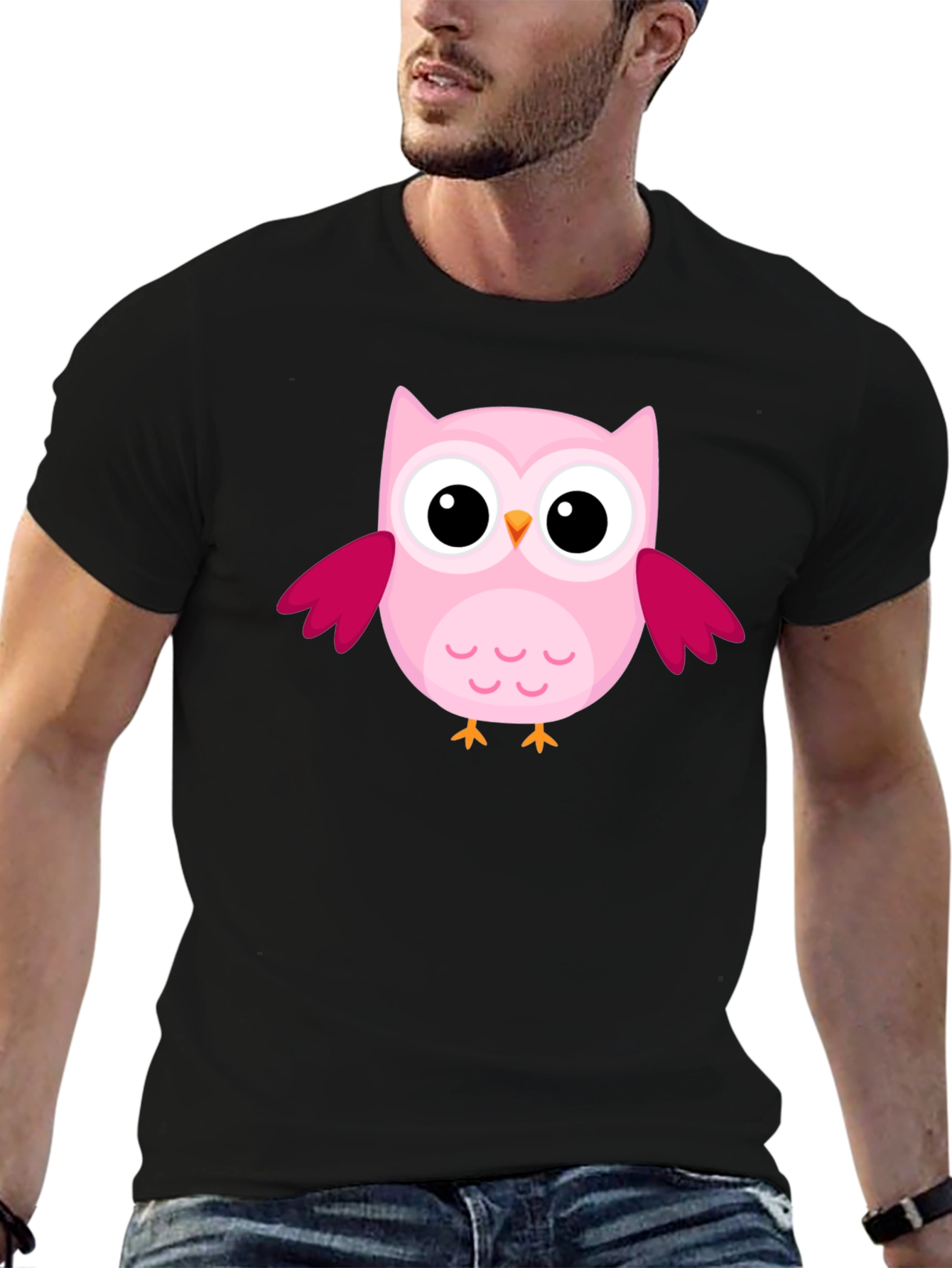 Cute Pink Owl Graphic Black T-Shirt