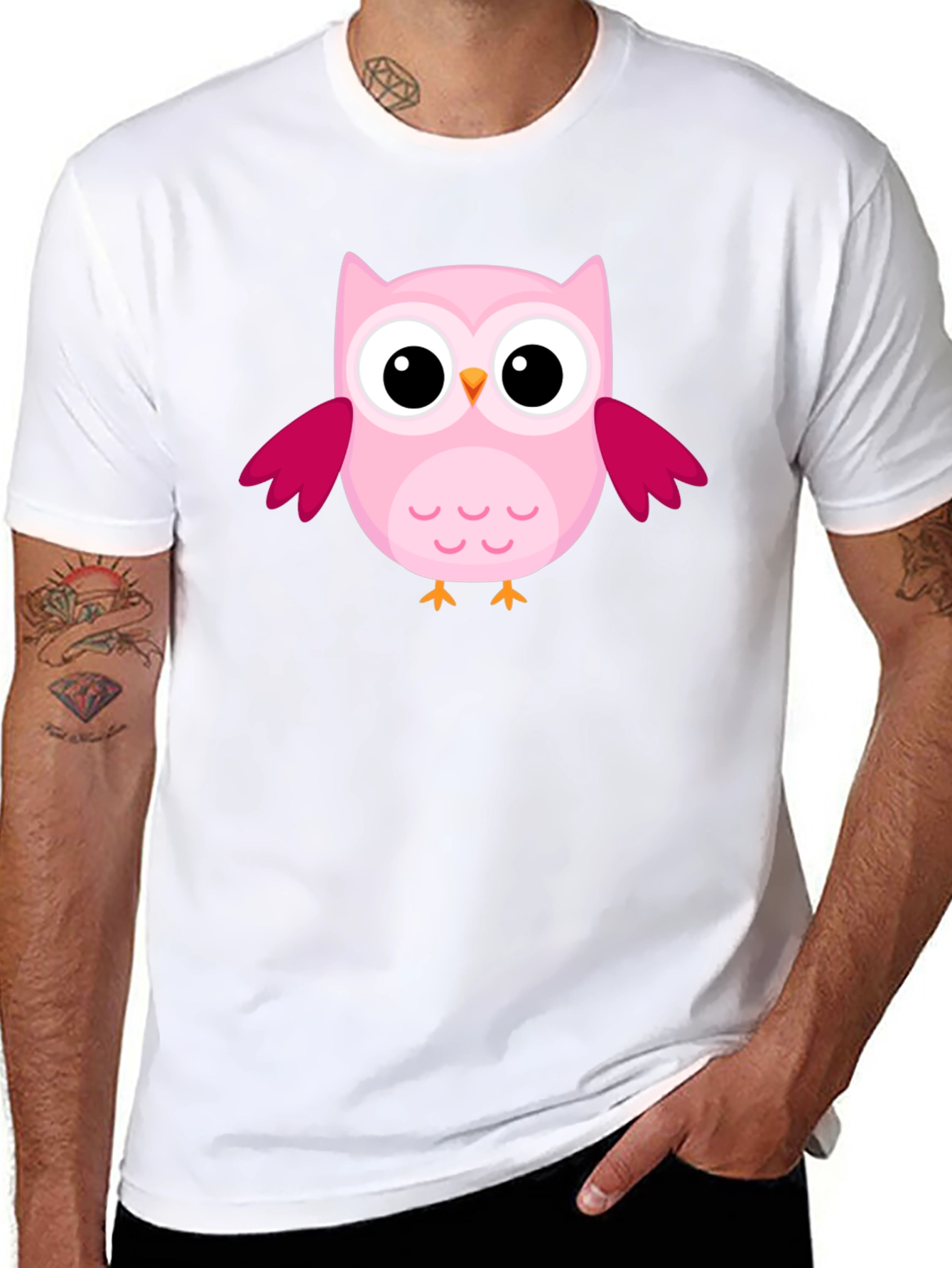 Cute Pink Owl Graphic Black T-Shirt