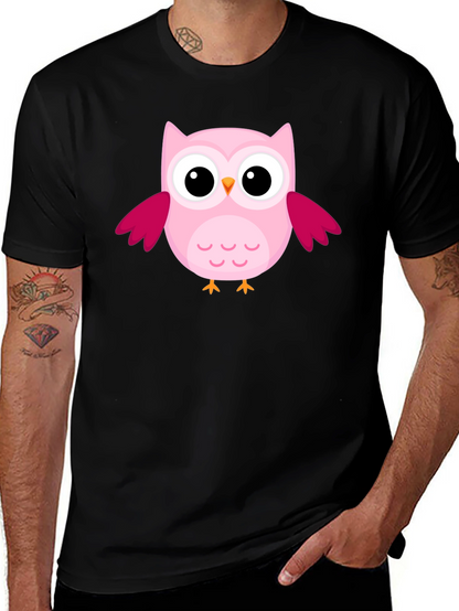 Cute Pink Owl Graphic Black T-Shirt