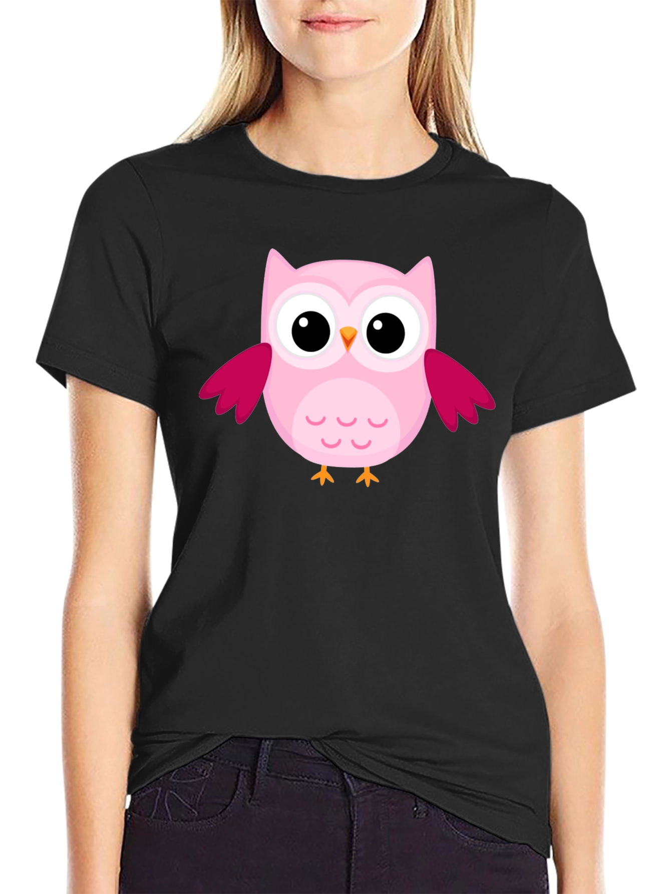 Cute Pink Owl Graphic Black T-Shirt