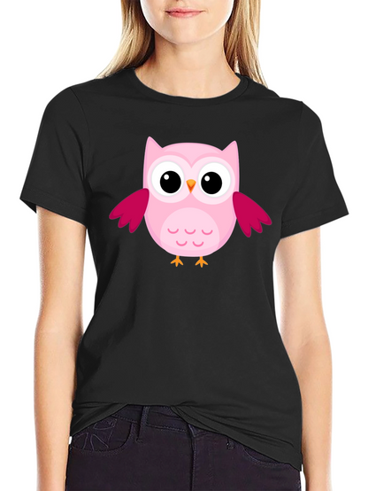 Cute Pink Owl Graphic Black T-Shirt