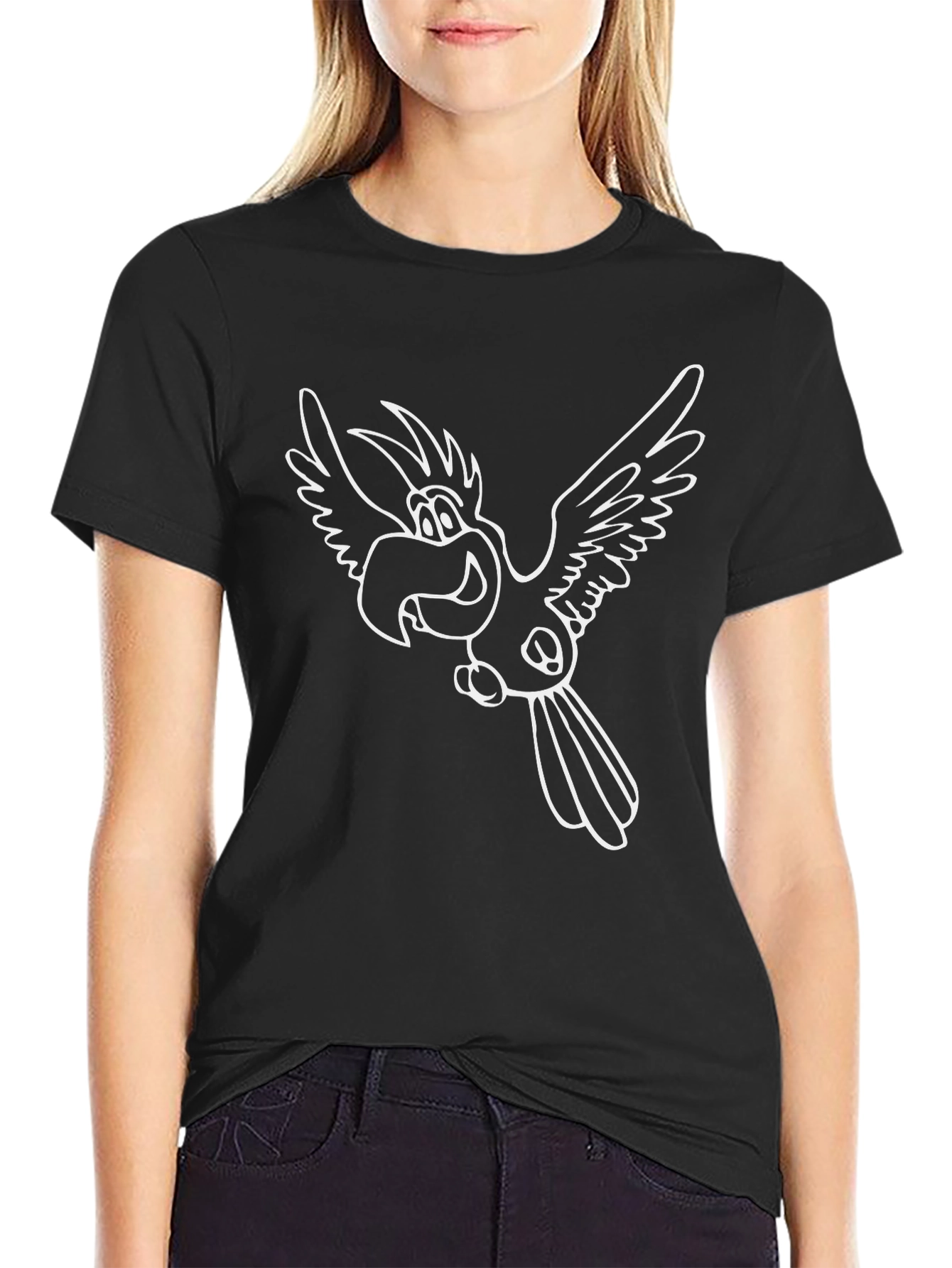 Cartoon Parrot Graphic Black T-Shirt