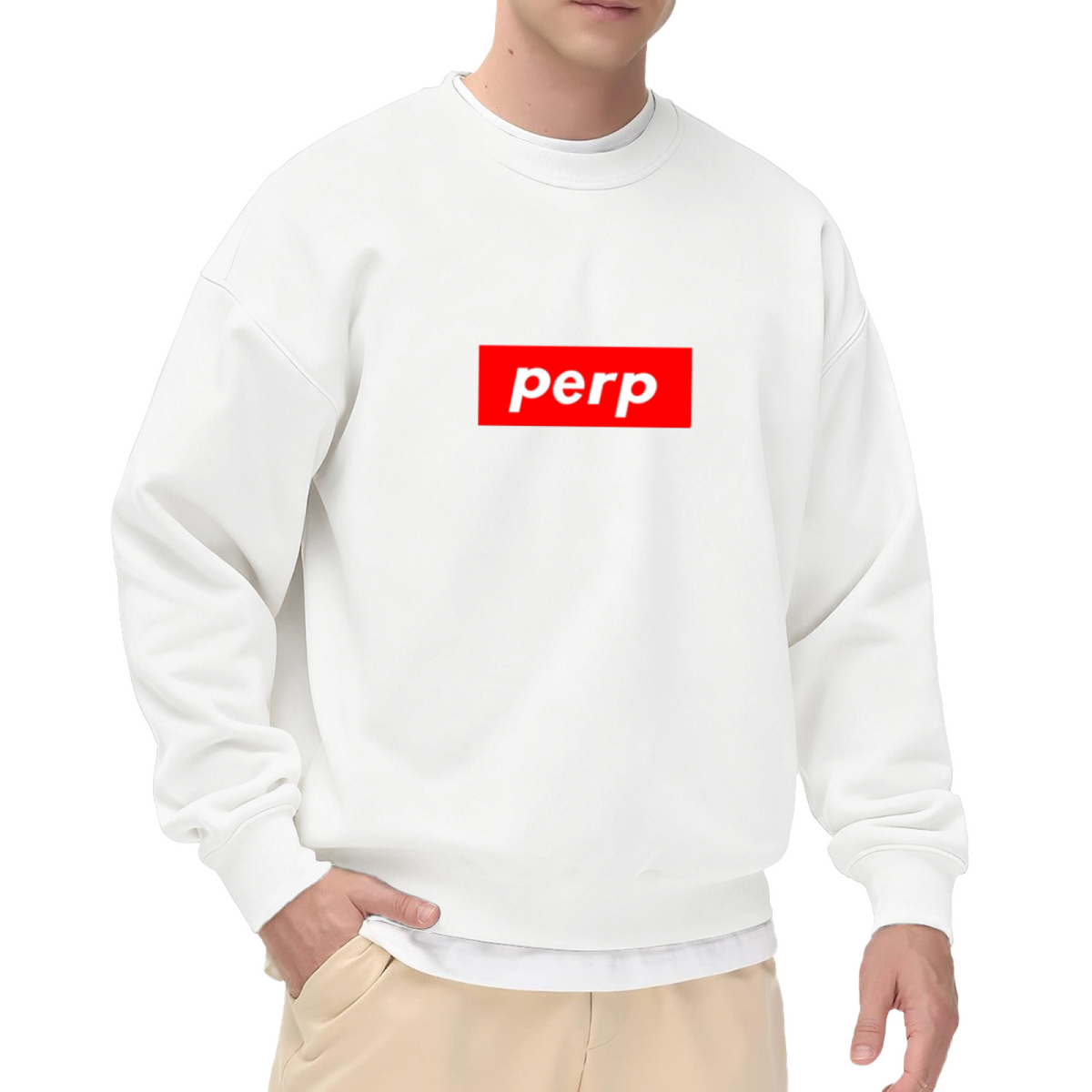 Perp Block Letter Sweatshirt - Minimalist Bold Type Crewneck, Streetwear Word Mark Pullover, Clean Graphic Sweatshirt, Simple Statement Top