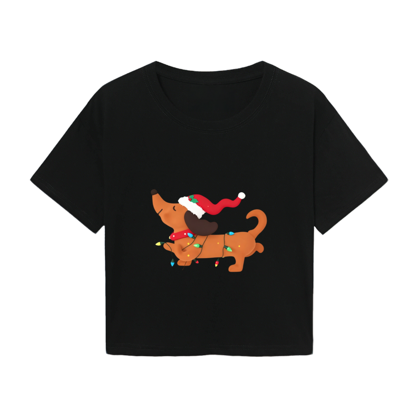 Cute Dachshund X?mas Lights Santa Hat Crop T?Shirt