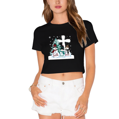 Faith Hope Love Snowman Cross Christmas Women Crop Tee