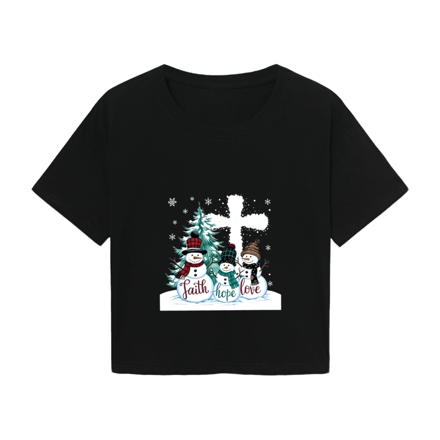 Faith Hope Love Snowman Cross Christmas Women Crop Tee