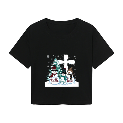 Faith Hope Love Snowman Cross Christmas Women Crop Tee