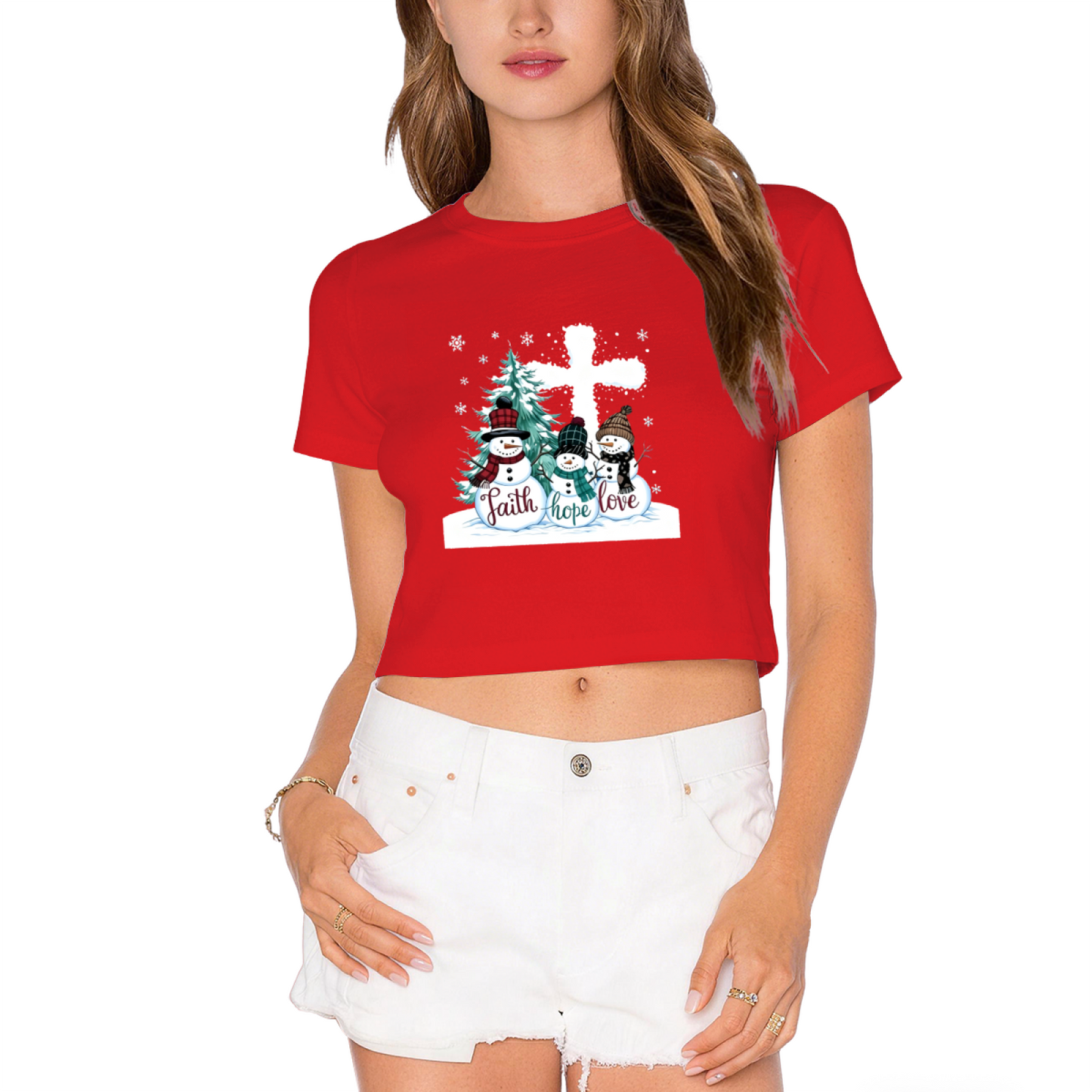 Faith Hope Love Snowman Cross Christmas Women Crop Tee