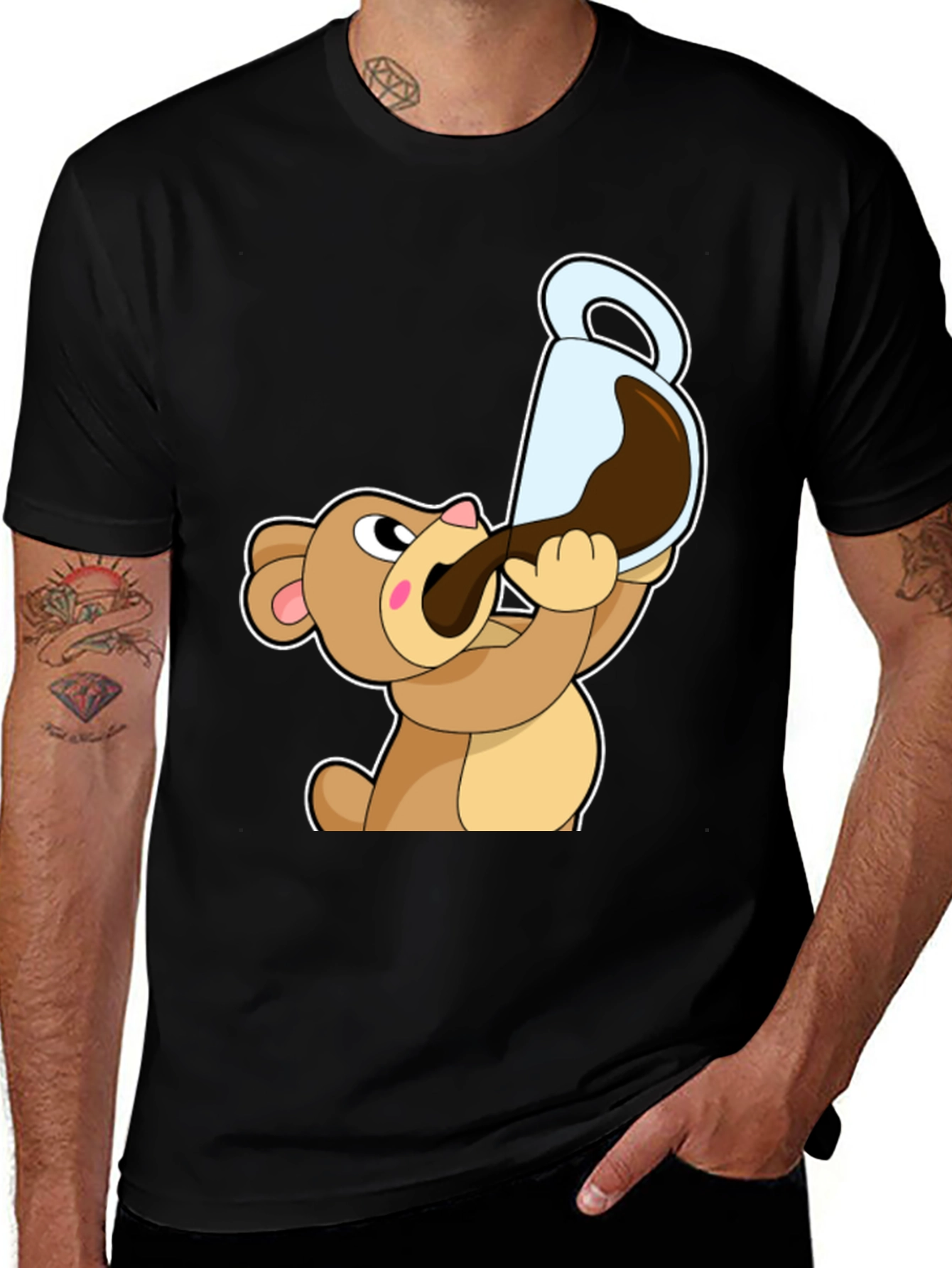 Bear Drinking Coffee T-Shirt Cartoon Graphic Tee