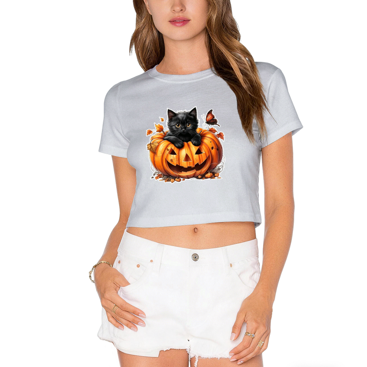 Pumpkin Black Cat Butterfly Halloween Crop Top