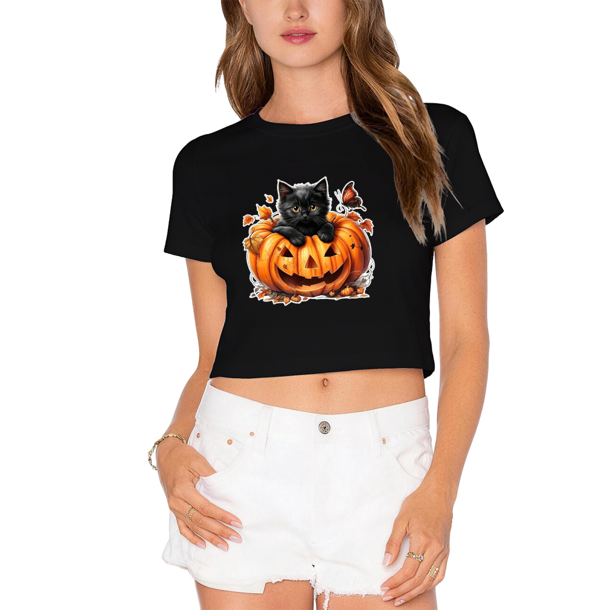 Pumpkin Black Cat Butterfly Halloween Crop Top