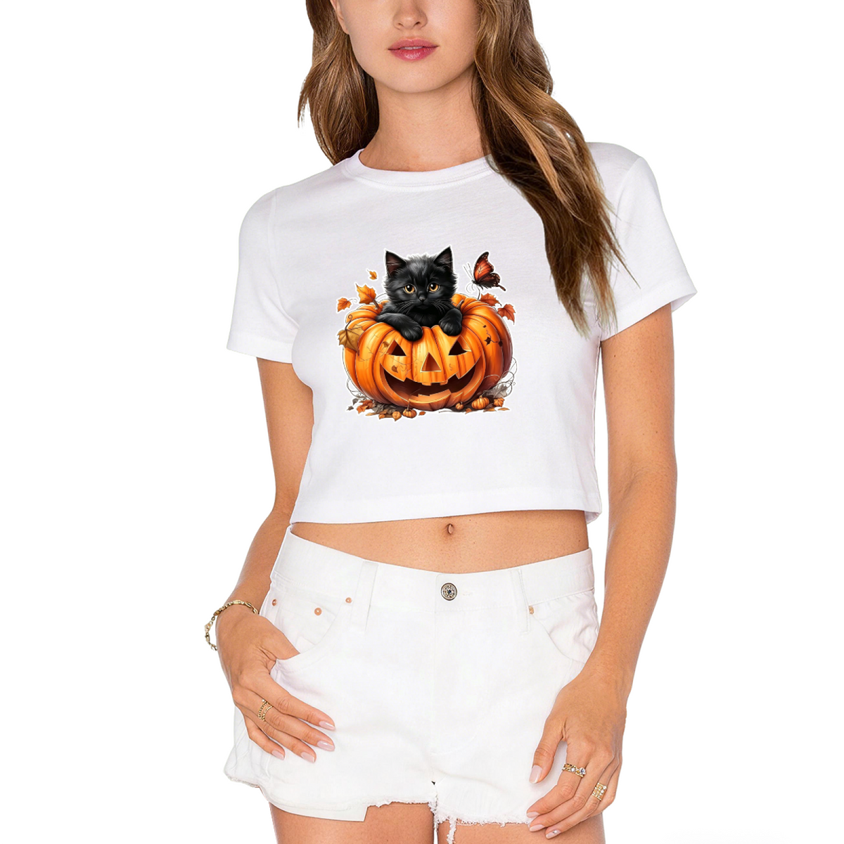 Pumpkin Black Cat Butterfly Halloween Crop Top