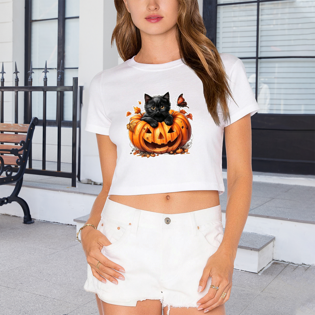 Pumpkin Black Cat Butterfly Halloween Crop Top