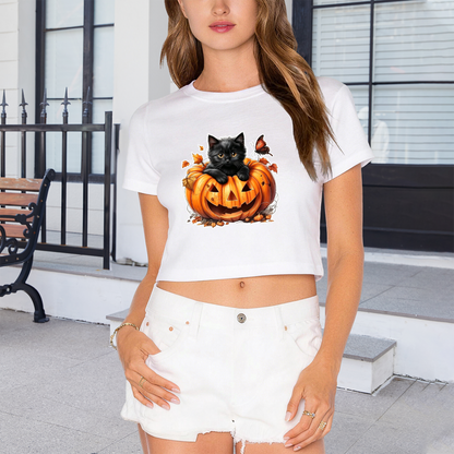 Pumpkin Black Cat Butterfly Halloween Crop Top