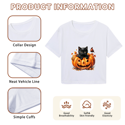Pumpkin Black Cat Butterfly Halloween Crop Top