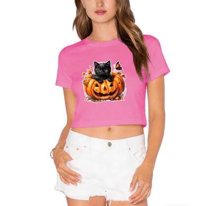 Pumpkin Black Cat Butterfly Halloween Crop Top