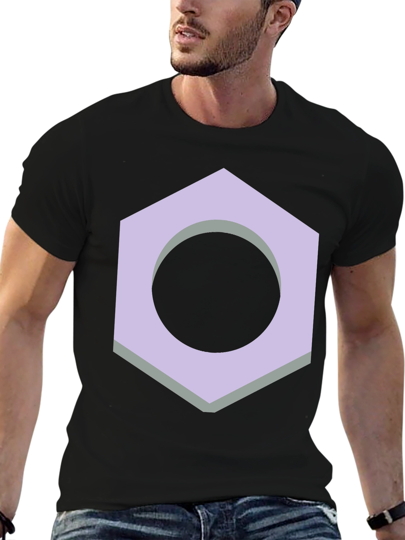 Geometric Hex Nut Graphic Tee - Casual Black T-Shirt