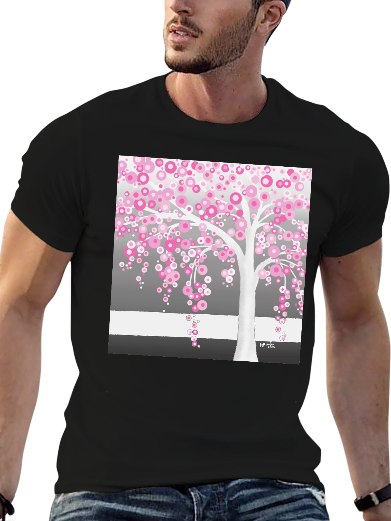 Pink Blossom Tree Black T-Shirt