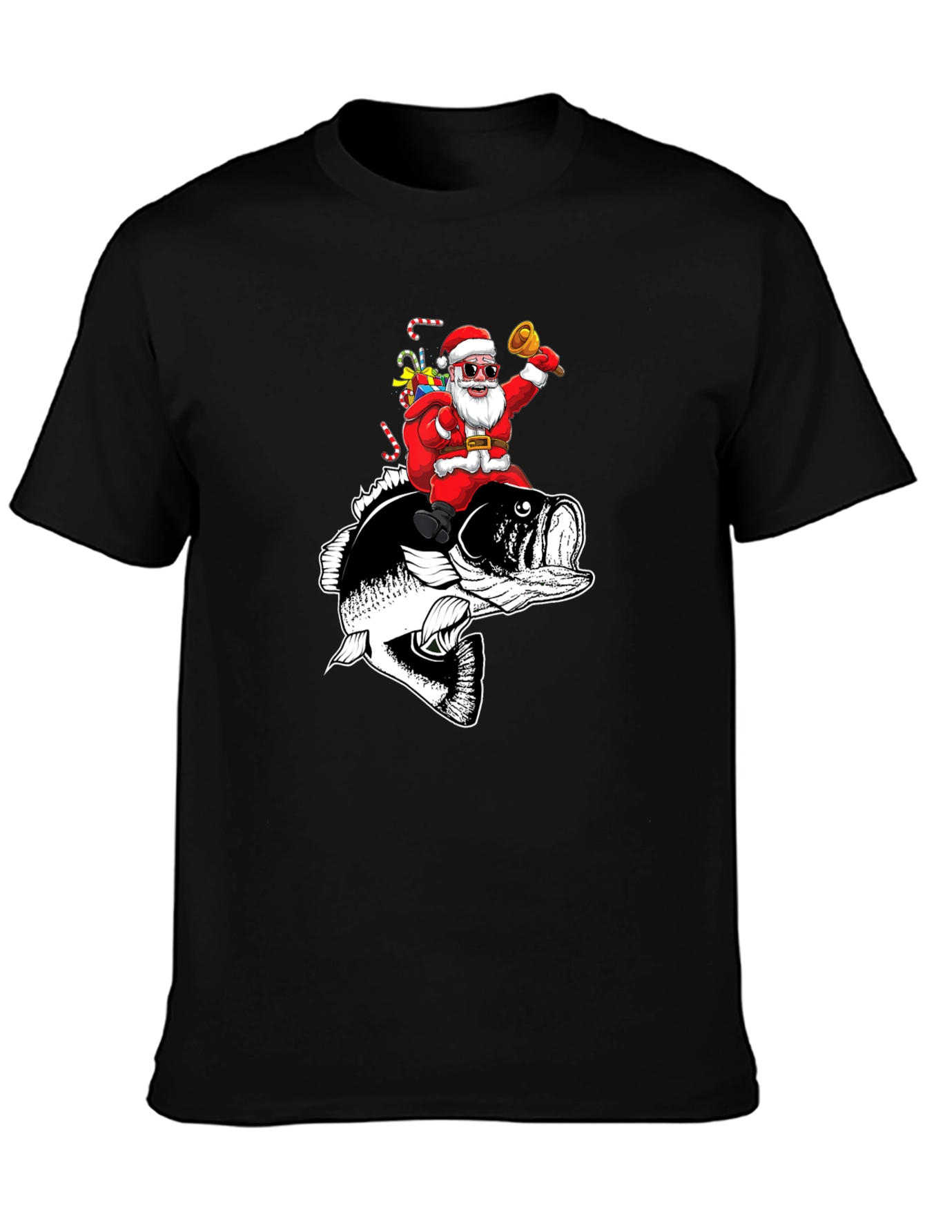 Santa Riding Bass Fish T-Shirt - Christmas Fishing Tee