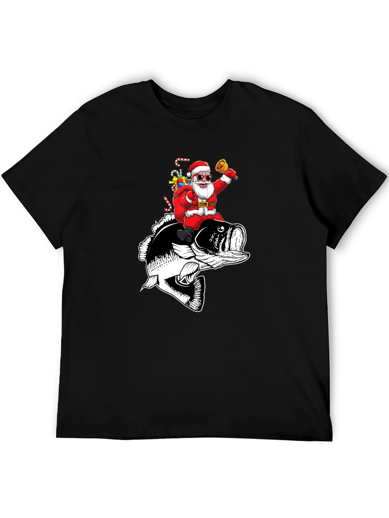 Santa Riding Bass Fish T-Shirt - Christmas Fishing Tee