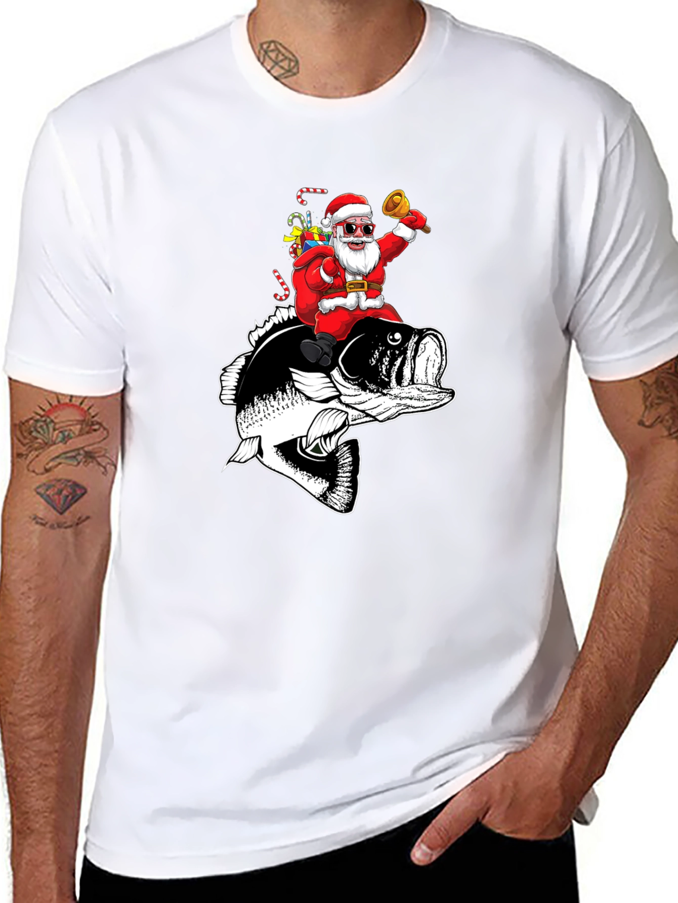 Santa Riding Bass Fish T-Shirt - Christmas Fishing Tee