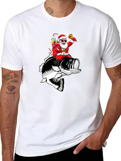 Santa Riding Bass Fish T-Shirt - Christmas Fishing Tee
