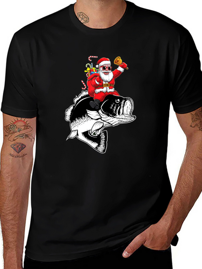 Santa Riding Bass Fish T-Shirt - Christmas Fishing Tee