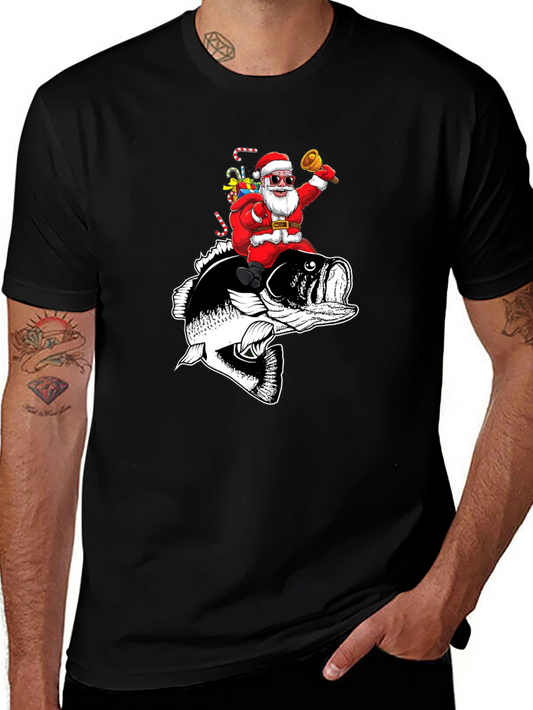 Santa Riding Bass Fish T-Shirt - Christmas Fishing Tee