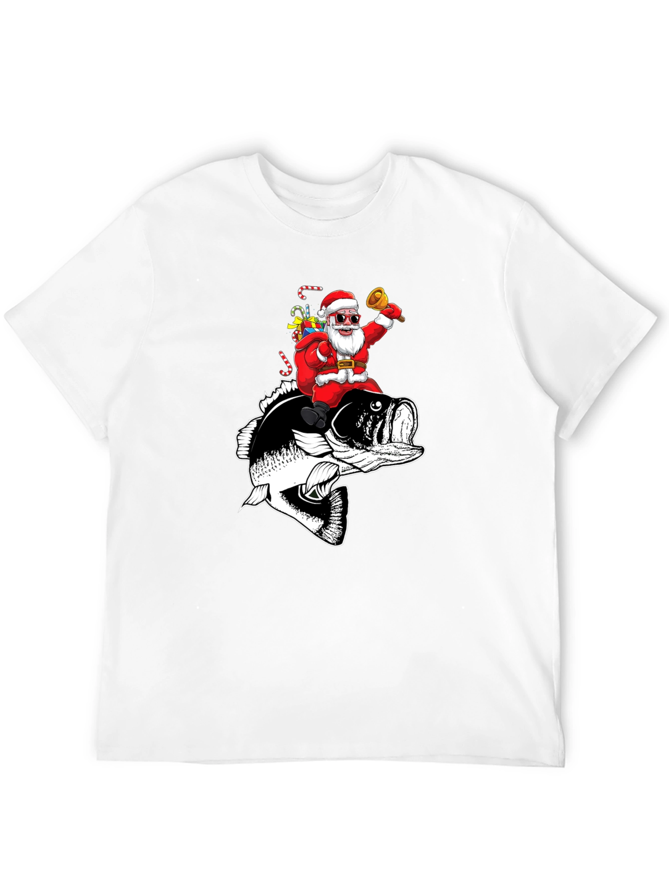 Santa Riding Bass Fish T-Shirt - Christmas Fishing Tee