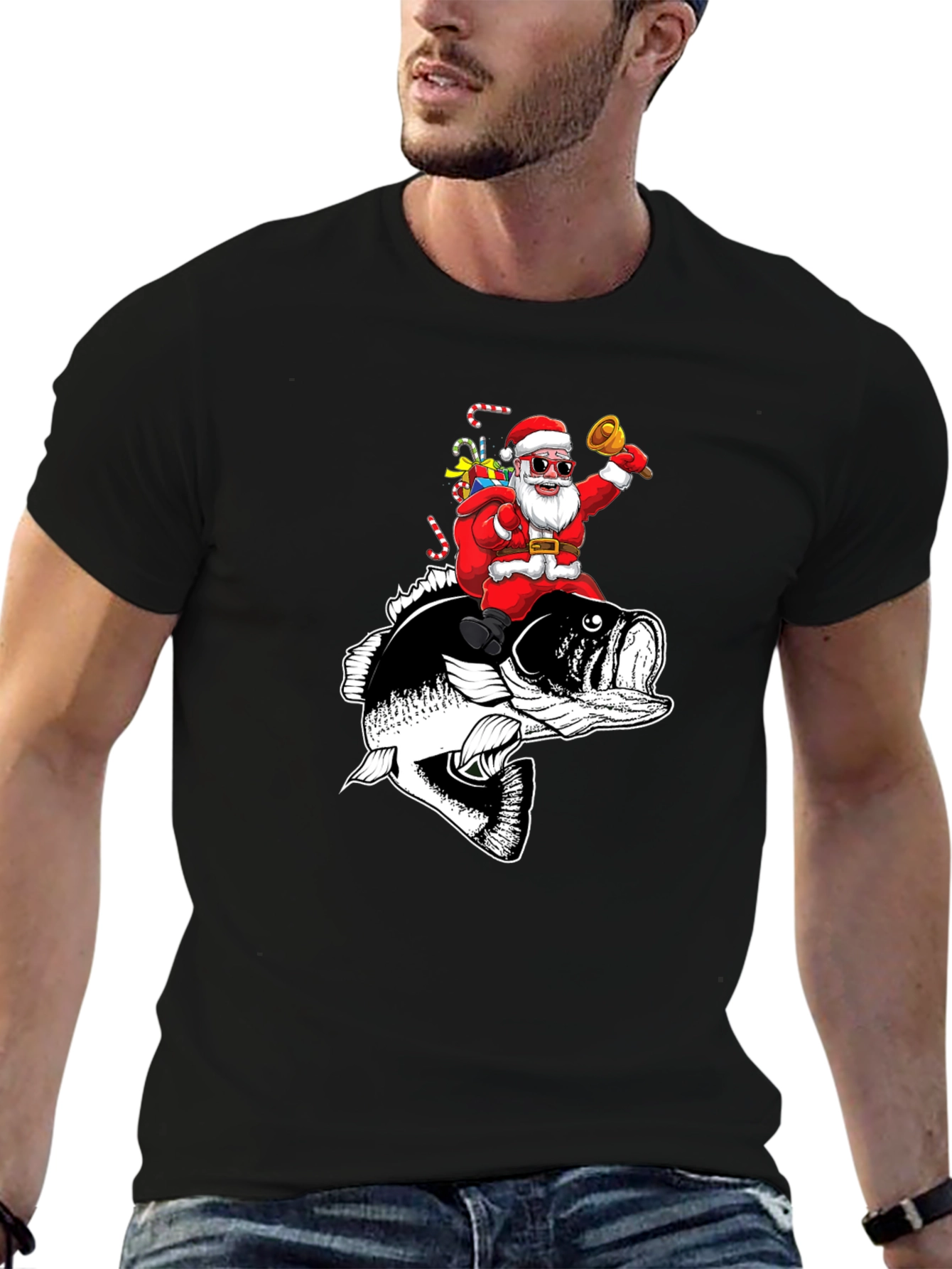 Santa Riding Bass Fish T-Shirt - Christmas Fishing Tee