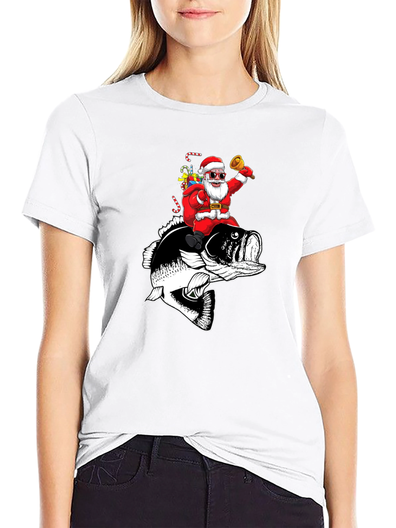 Santa Riding Bass Fish T-Shirt - Christmas Fishing Tee
