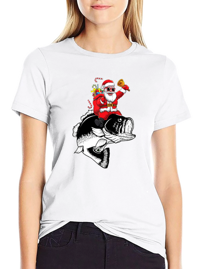 Santa Riding Bass Fish T-Shirt - Christmas Fishing Tee