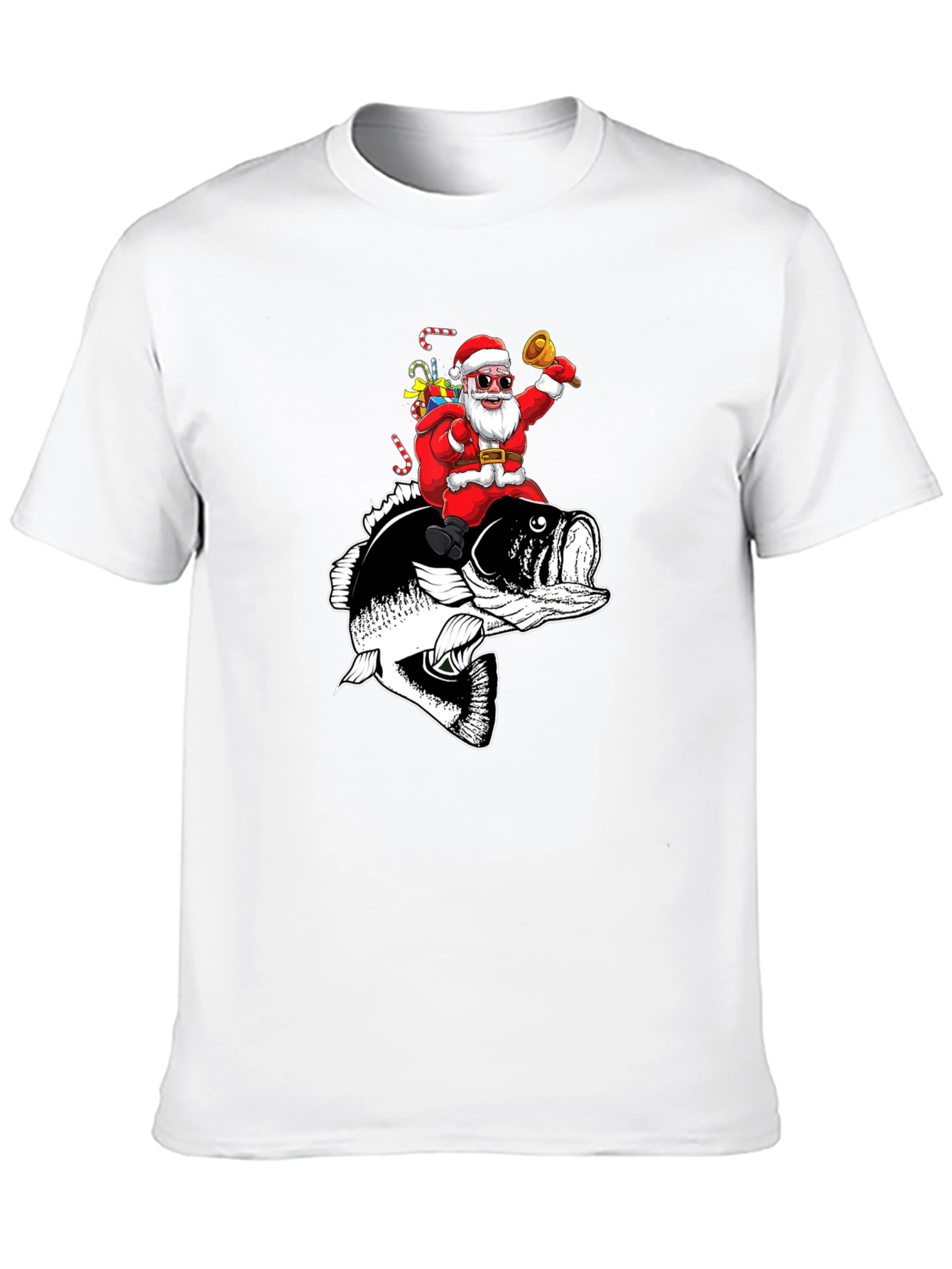 Santa Riding Bass Fish T-Shirt - Christmas Fishing Tee