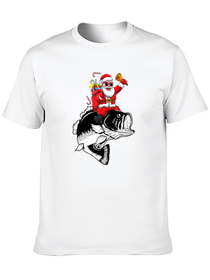 Santa Riding Bass Fish T-Shirt - Christmas Fishing Tee