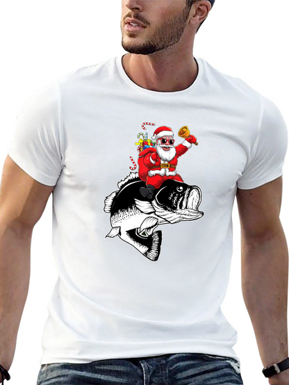 Santa Riding Bass Fish T-Shirt - Christmas Fishing Tee