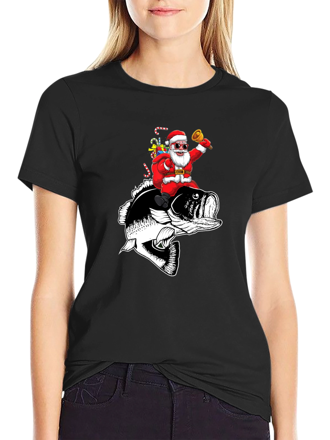 Santa Riding Bass Fish T-Shirt - Christmas Fishing Tee