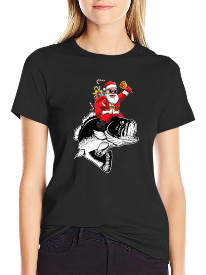 Santa Riding Bass Fish T-Shirt - Christmas Fishing Tee