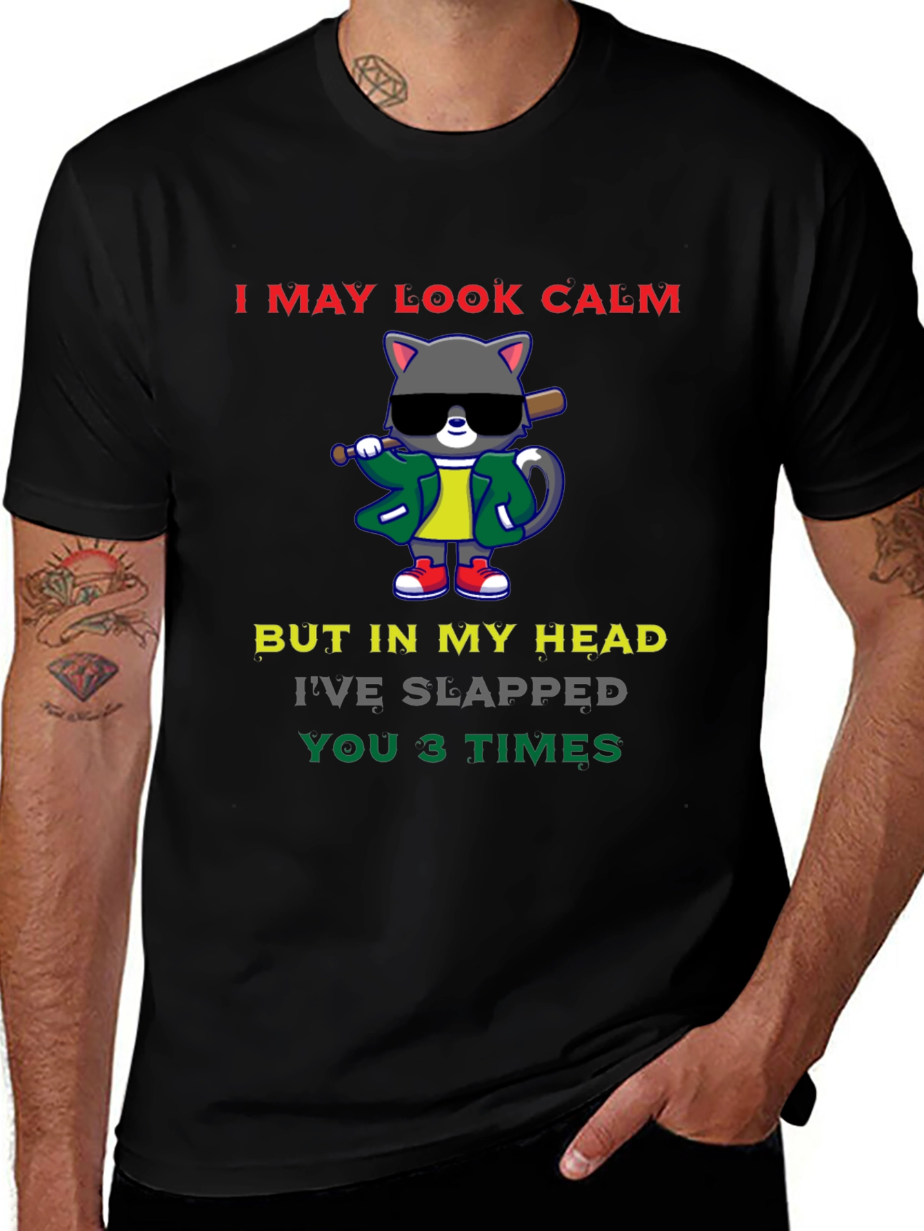 Calm Cat Slapped You 3 Times Black T-Shirt