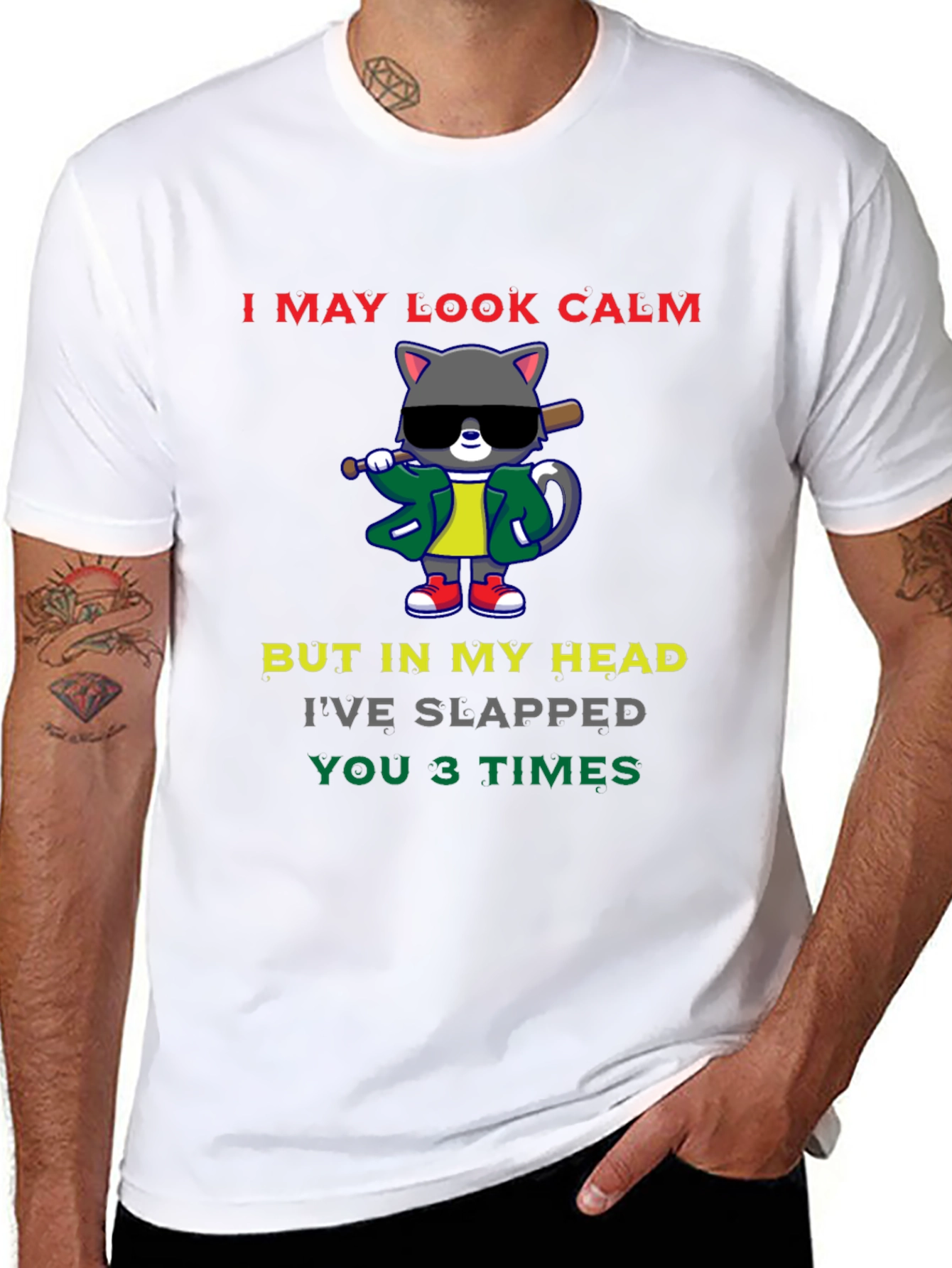 Calm Cat Slapped You 3 Times Black T-Shirt