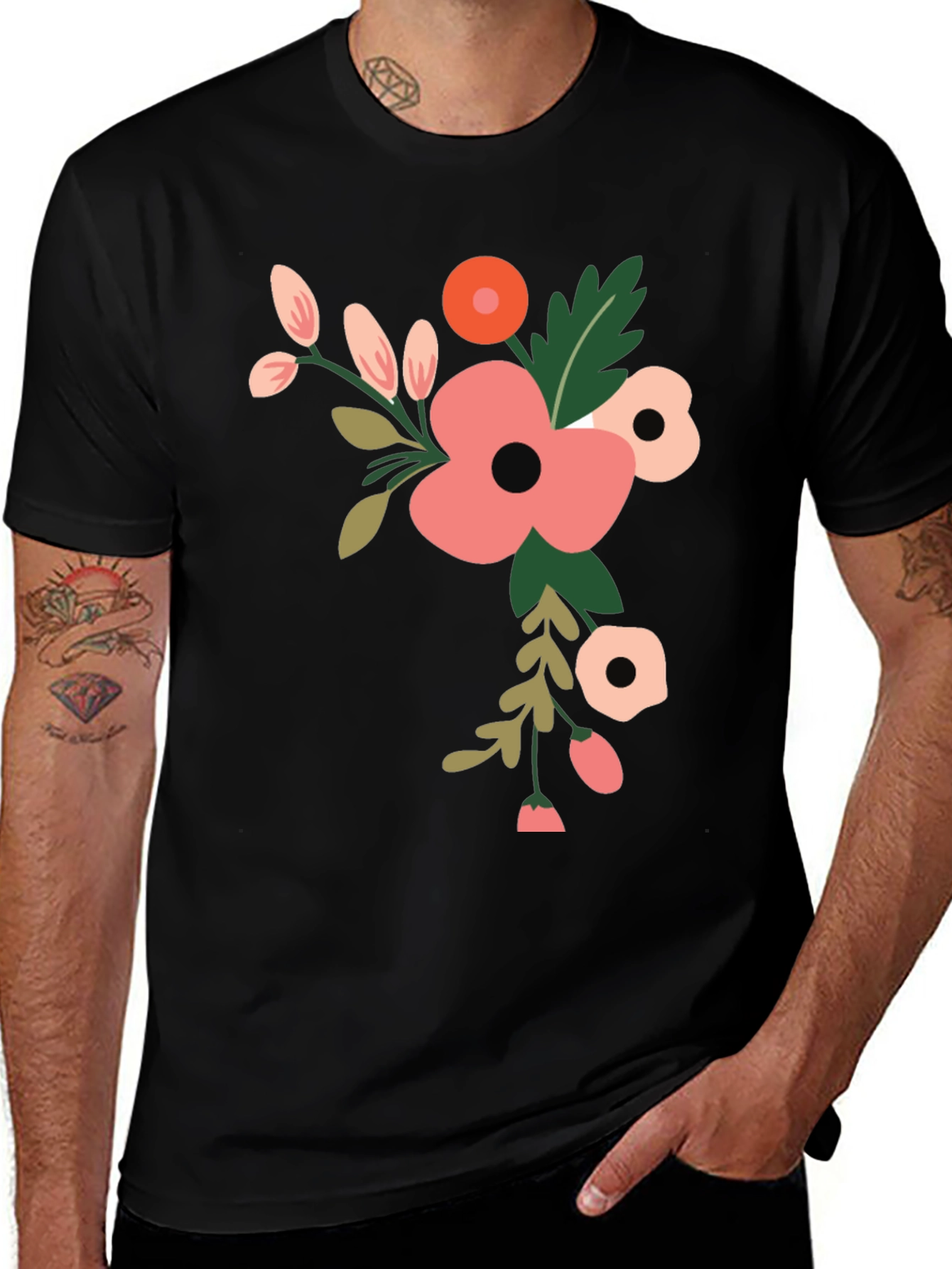 Floral Graphic Print T-Shirt - Black