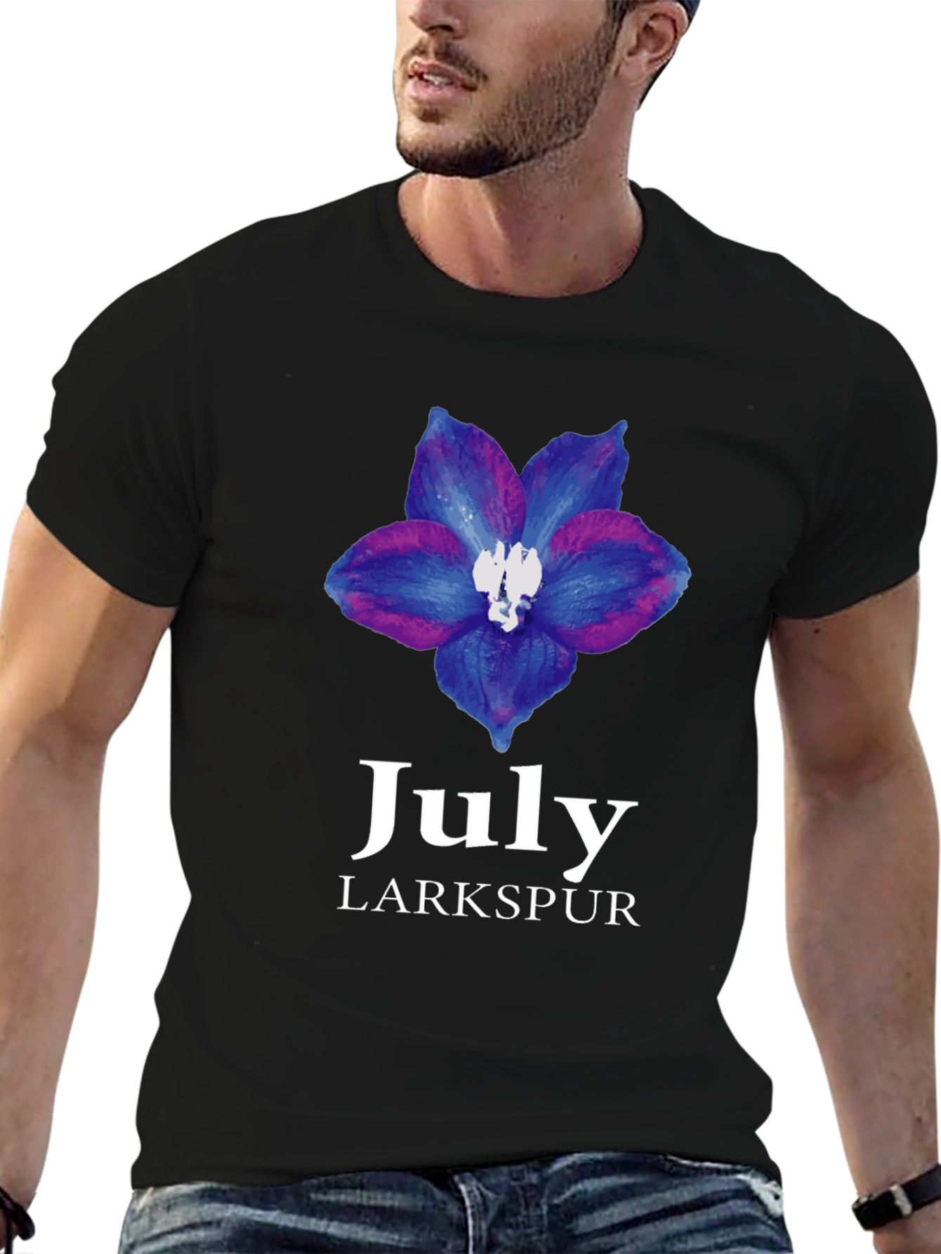 July Larkspur Flower Black T-Shirt