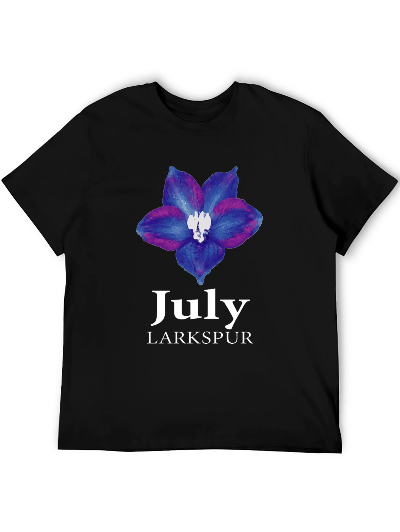 July Larkspur Flower Black T-Shirt