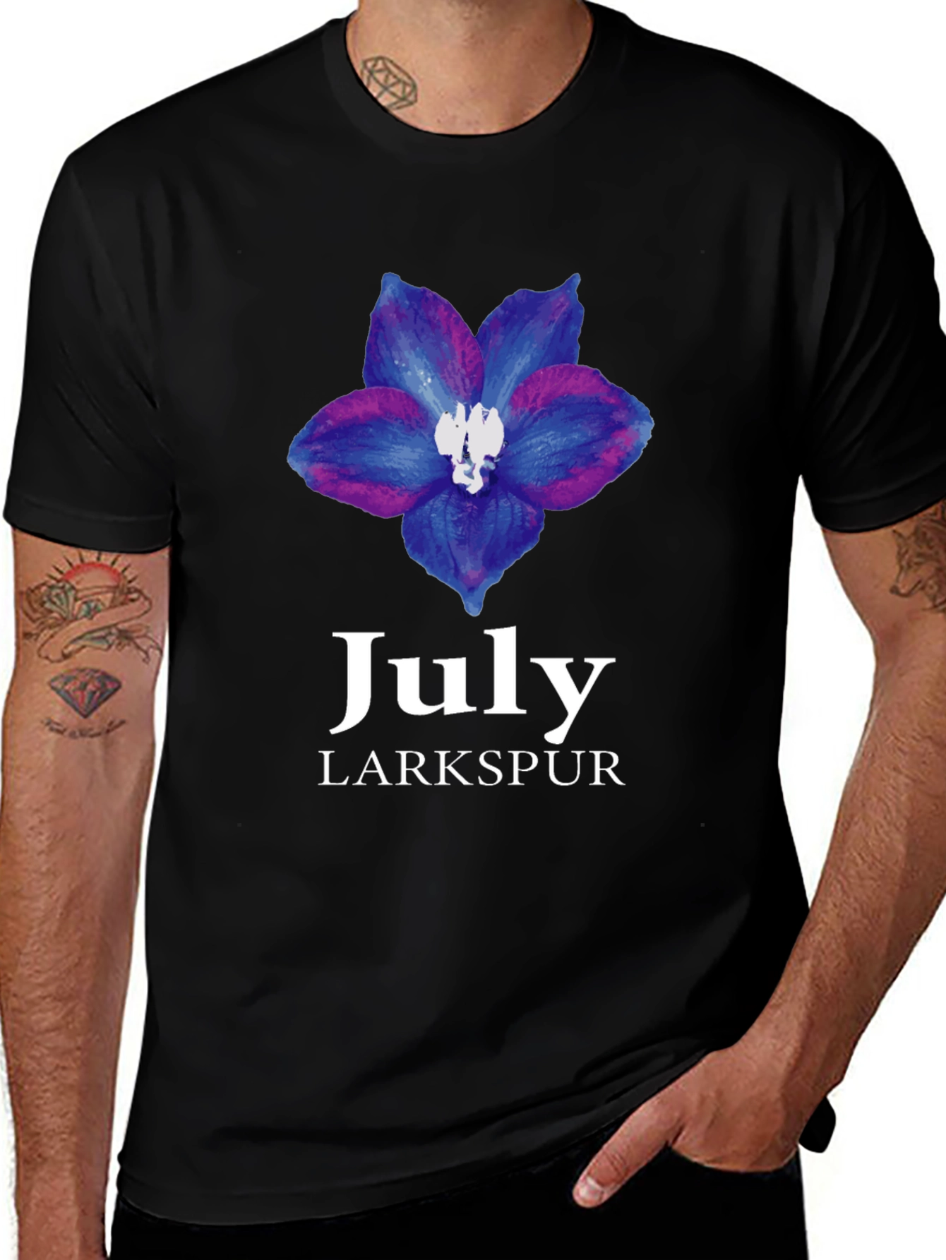 July Larkspur Flower Black T-Shirt