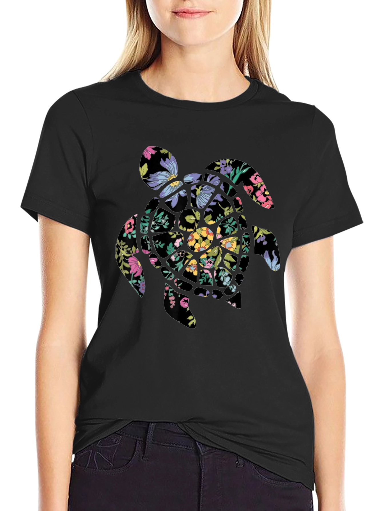 Floral Turtle Graphic Tee - Black