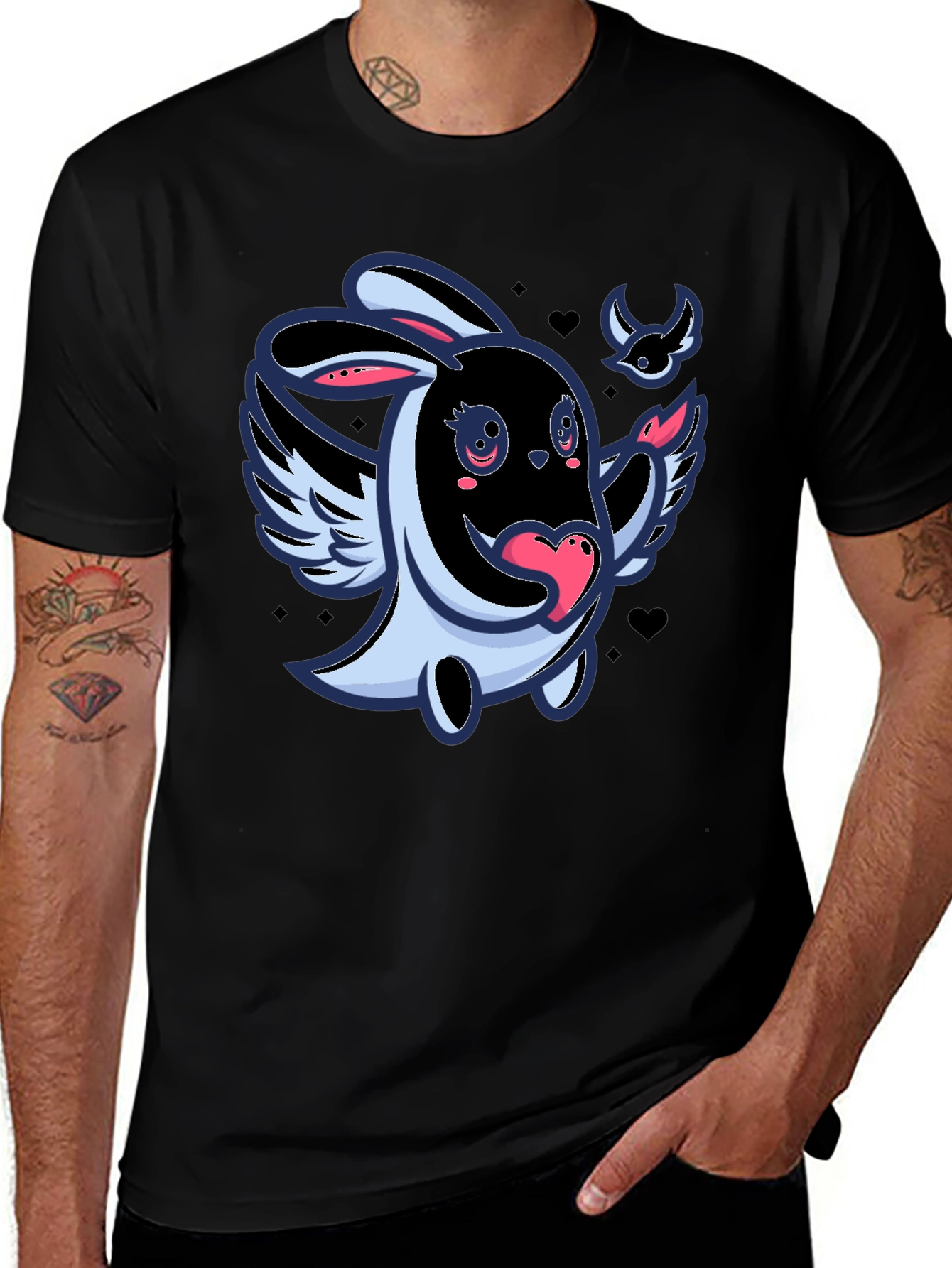 Cute Cartoon Bunny with Wings Black T-Shirt