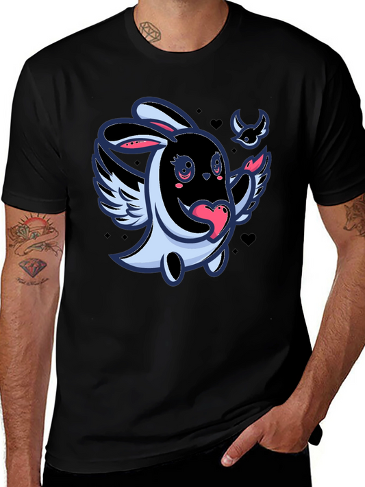 Cute Cartoon Bunny with Wings Black T-Shirt
